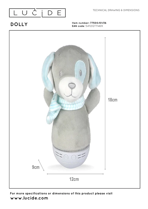 Lucide DOLLY - Tischlampe Kinderzimmer - Batterien - LED - 1x3W 2700K - Mit Musikfunktion - Grau - technisch